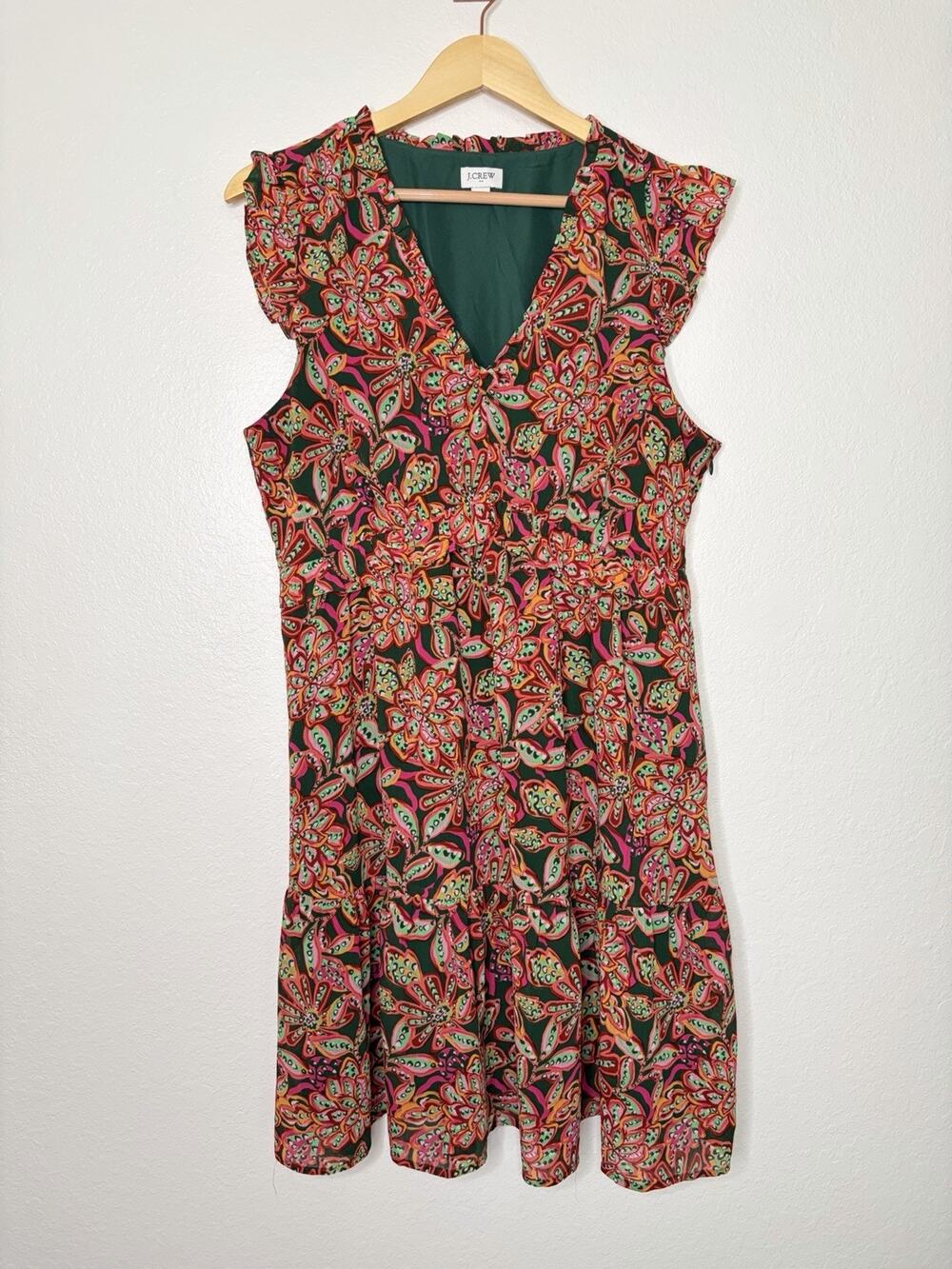 J. Crew Tropical Floral Paisley Print V-Neck Ruffle Dress Size 12 Boho Preppy